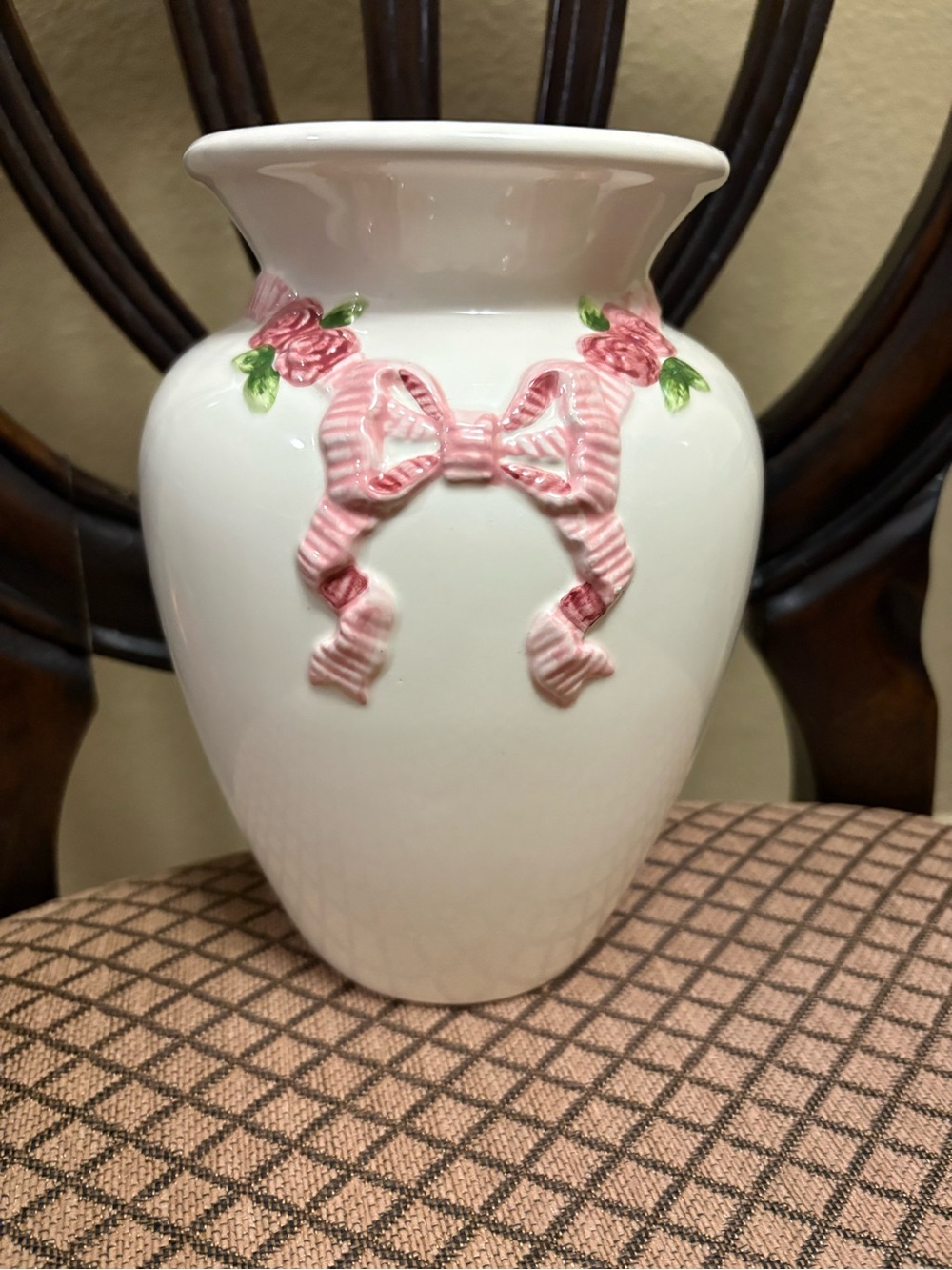 Classic White Ceramic Vase with Pink Bow Accent